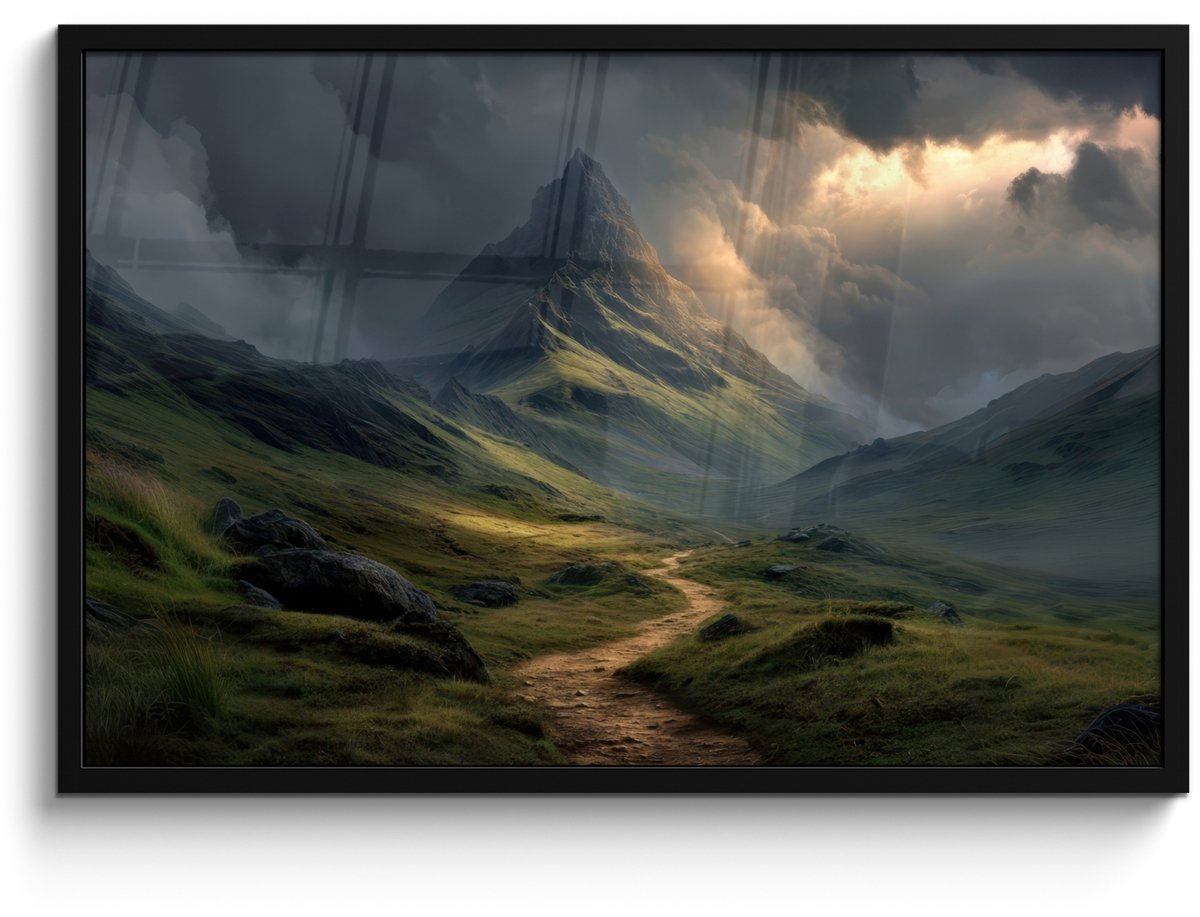 FrameYourWall Poster in lijst - Fotolijst 90x60 cm - Posters - Bergen - Kronkelpad - Groen - Wolken - Posterlijst zwart - Decoratie - Wanddecoratie woonkamer - Muurdecoratie slaapkamer Bergen - Pad - Wolken