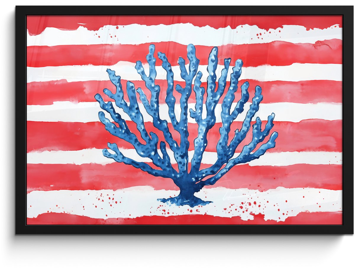 FrameYourWall Poster in lijst - Fotolijst 60x40 cm - Posters - Koraal - Verfstructuur - Rood - Blauw - Posterlijst zwart - Decoratie - Wanddecoratie woonkamer - Muurdecoratie slaapkamer Koraal - Strepen