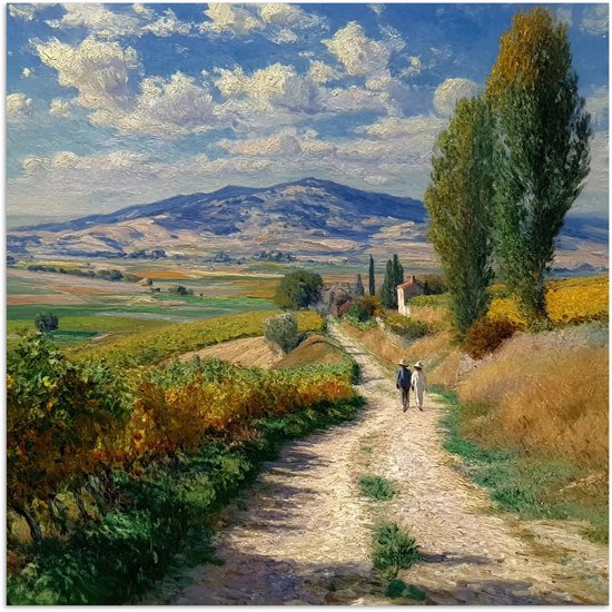 Poster 75x75 cm - Mensen - Wandelen - Zandpad - Velden - Posters - Kamer decoratie - Wanddecoratie woonkamer - Muurdecoratie slaapkamer