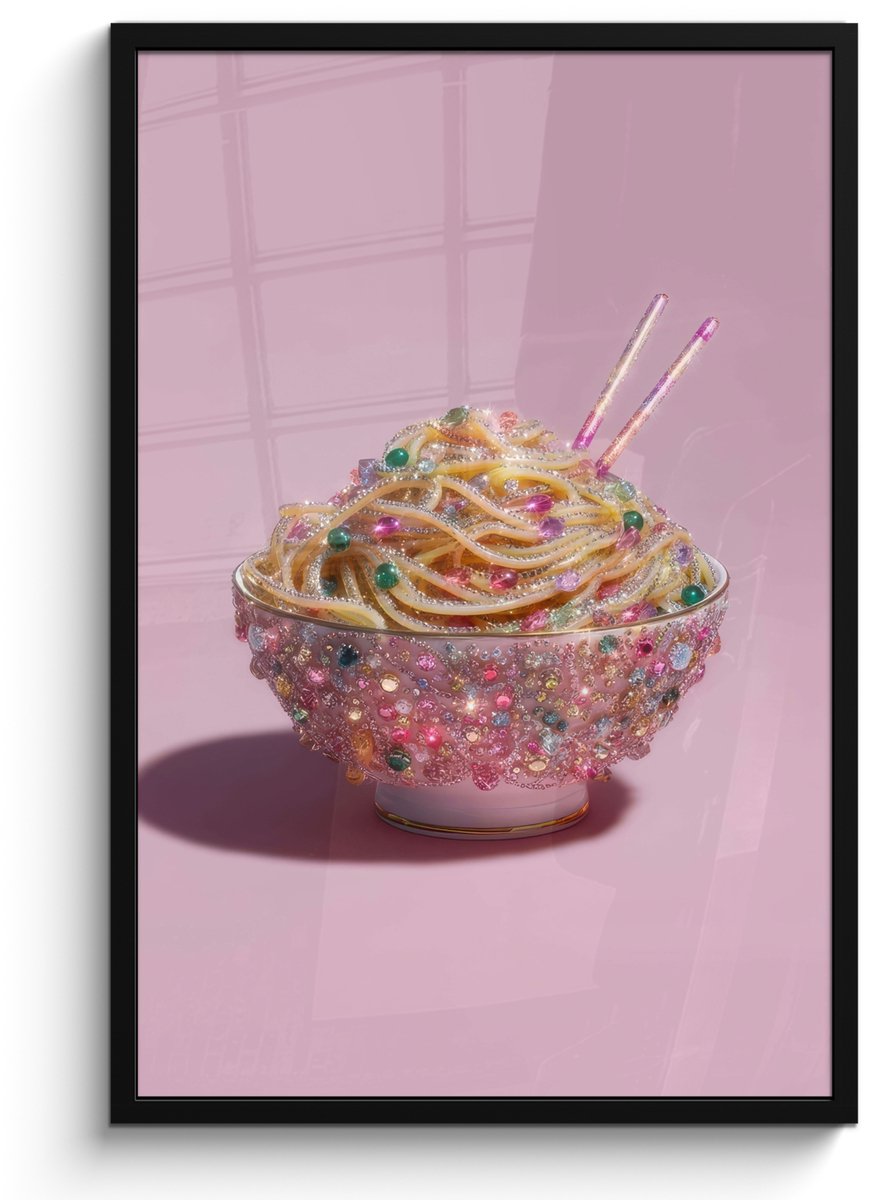 FrameYourWall Poster in lijst - Fotolijst 60x90 cm - Posters - Noodles - Edelstenen - Stokjes - Roze - Posterlijst zwart - Decoratie - Wanddecoratie woonkamer - Muurdecoratie slaapkamer