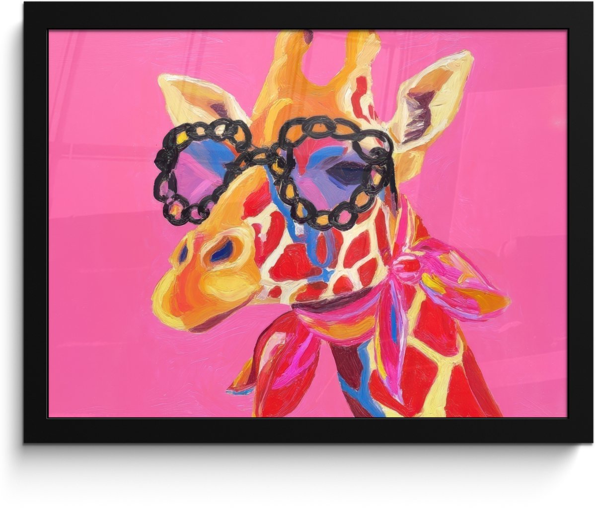 FrameYourWall Poster in lijst - Fotolijst 40x30 cm - Posters - Giraf - Roze - Bril - Sjaal - Posterlijst zwart - Decoratie - Wanddecoratie woonkamer - Muurdecoratie slaapkamer