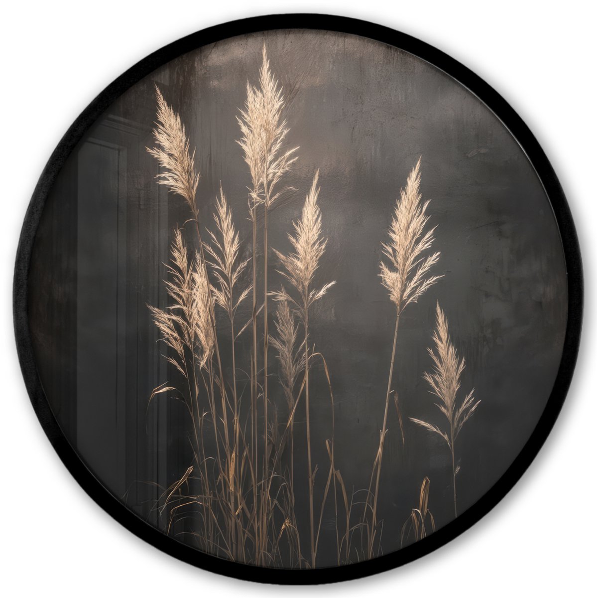 FrameYourWall Poster in lijst Rond - Fotolijst 40x40 cm - Posters - Siergras - Pluimen - Verlichting - Zwart - Ronde posterlijst zwart - Decoratie - Wanddecoratie woonkamer - Muurdecoratie slaapkamer