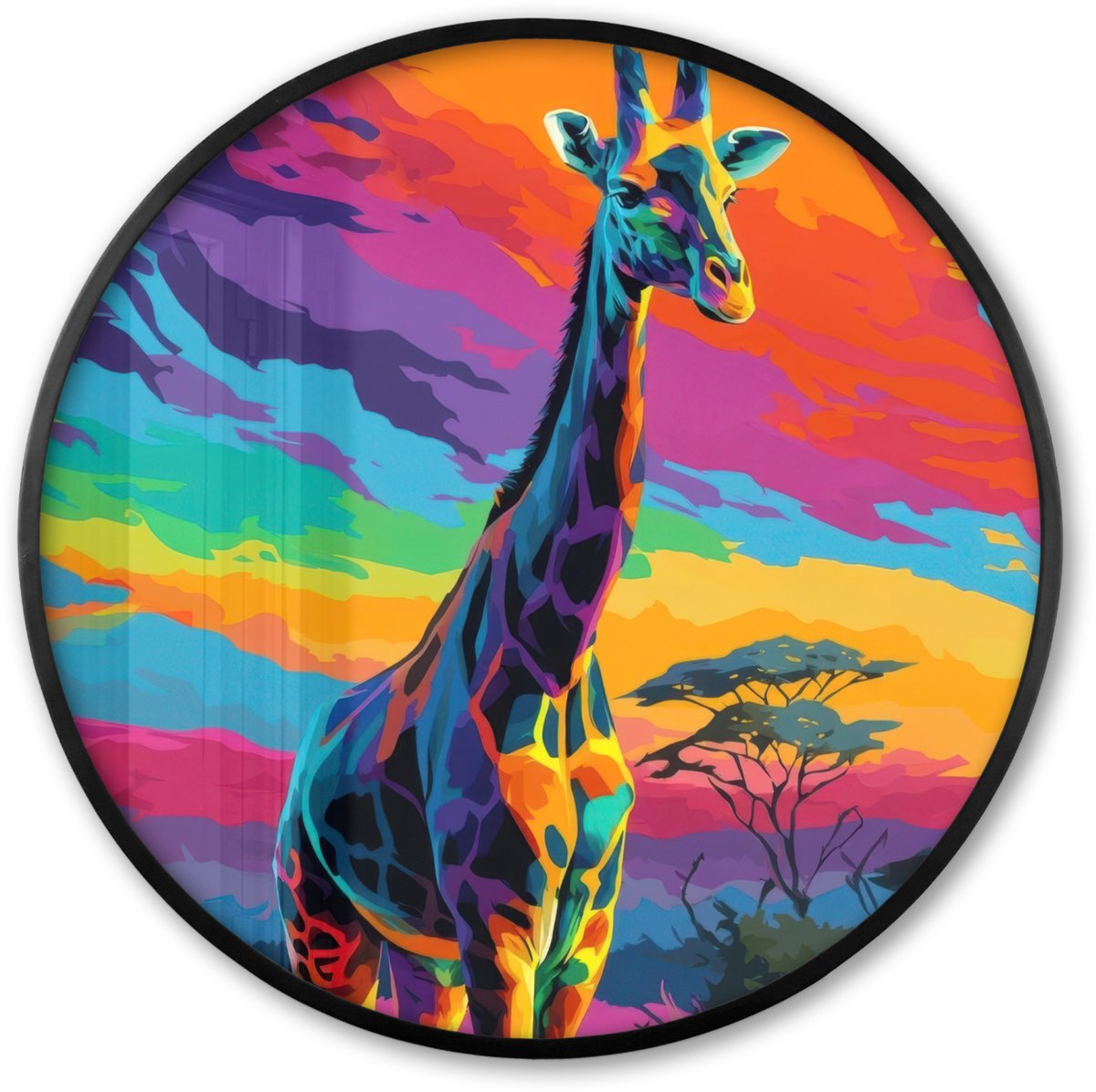 FrameYourWall Poster in lijst Rond - Fotolijst 60x60 cm - Posters - Giraffe - Savanna - Lucht - Gekleurd - Ronde posterlijst zwart - Decoratie - Wanddecoratie woonkamer - Muurdecoratie slaapkamer Giraffe - Kleurrijk