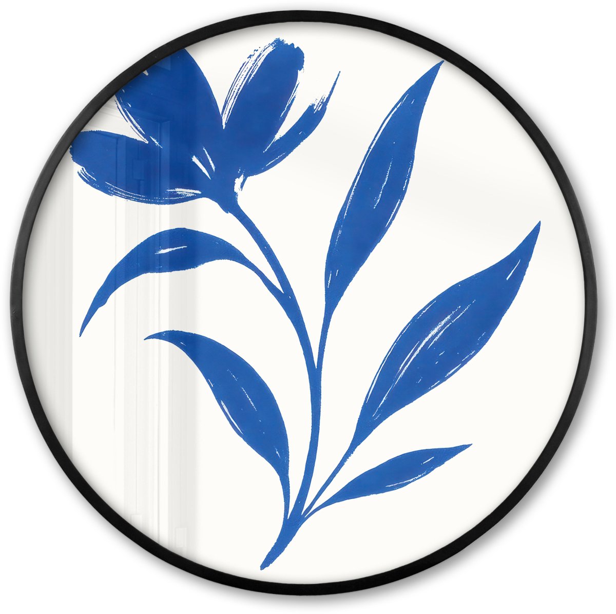 FrameYourWall Poster in lijst Rond - Fotolijst 80x80 cm - Posters - Bloem - Blaadjes - Minimalistisch - Blauw - Ronde posterlijst zwart - Decoratie - Wanddecoratie woonkamer - Muurdecoratie slaapkamer