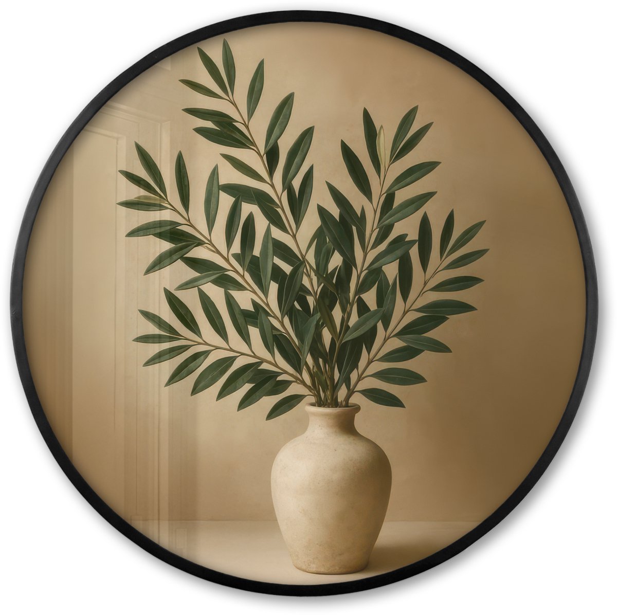 FrameYourWall Poster in lijst Rond - Fotolijst 60x60 cm - Posters - Vaas - Olijftakken - Bladeren - Beige - Ronde posterlijst zwart - Decoratie - Wanddecoratie woonkamer - Muurdecoratie slaapkamer