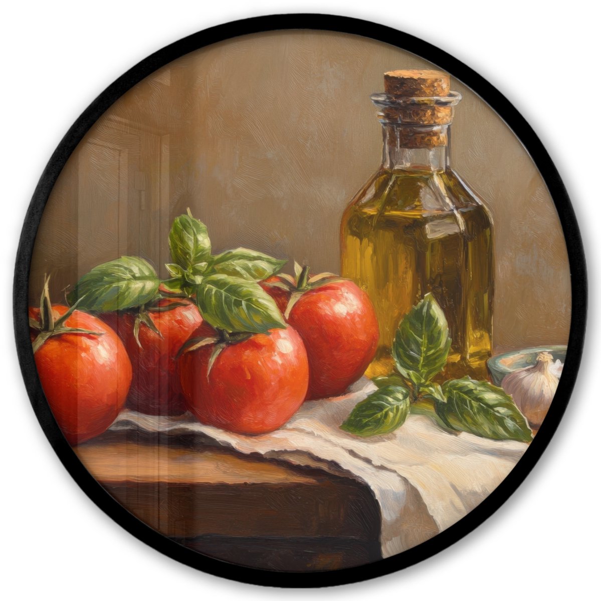 FrameYourWall Poster in lijst Rond - Fotolijst 40x40 cm - Posters - Tomaten - Olijfolie - Stilleven - Ronde posterlijst zwart - Decoratie - Wanddecoratie woonkamer - Muurdecoratie slaapkamer Tomaten - Stilleven