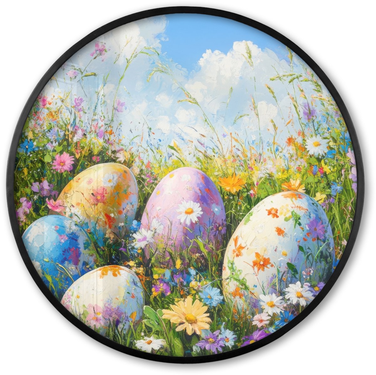 FrameYourWall Poster in lijst Rond - Fotolijst 80x80 cm - Posters - Grasveld - Eieren - Bloemen - Ronde posterlijst zwart - Decoratie - Wanddecoratie woonkamer - Muurdecoratie slaapkamer Bloemen - Eieren
