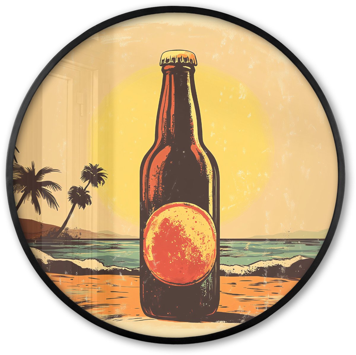 FrameYourWall Poster in lijst Rond - Fotolijst 60x60 cm - Posters - Bierfles - Zonsondergang - Palmbomen - Zee - Ronde posterlijst zwart - Decoratie - Wanddecoratie woonkamer - Muurdecoratie slaapkamer Bierfles - Strand