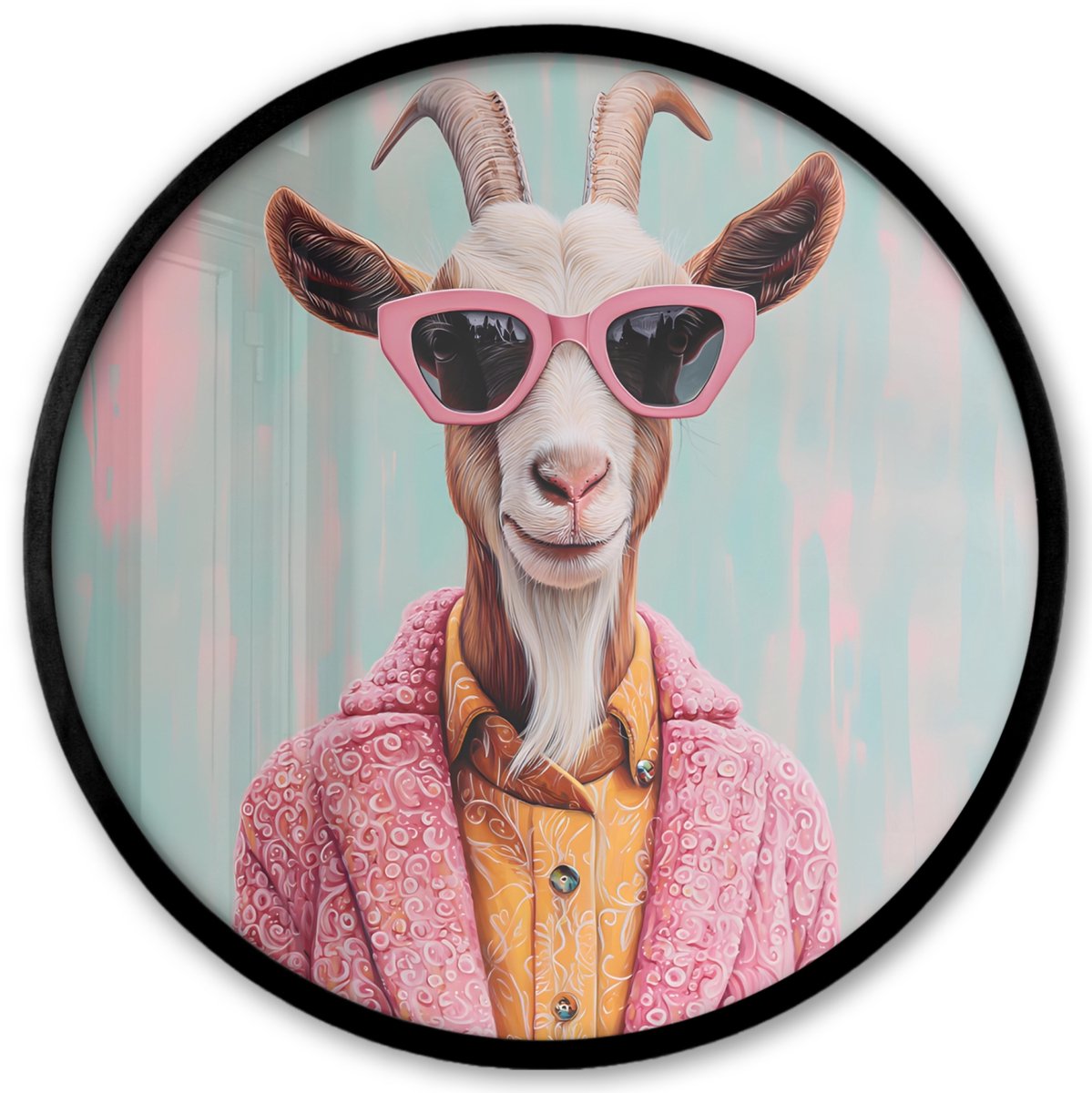 FrameYourWall Poster in lijst Rond - Fotolijst 40x40 cm - Posters - Zonnebril - Roze - Geit - Horen - Ronde posterlijst zwart - Decoratie - Wanddecoratie woonkamer - Muurdecoratie slaapkamer
