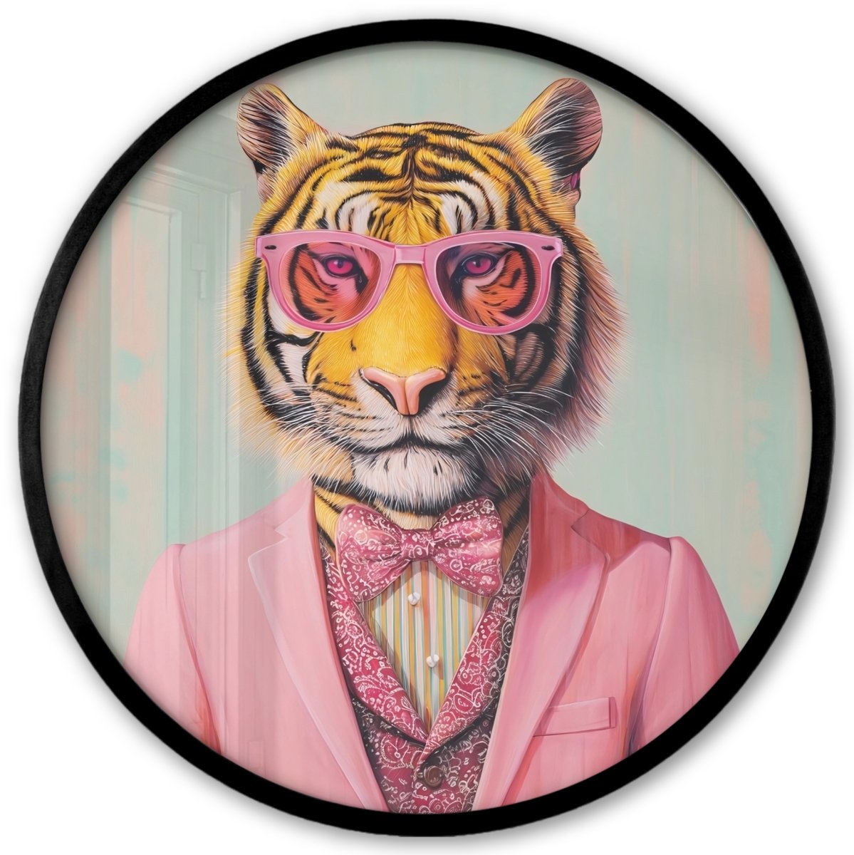 FrameYourWall Poster in lijst Rond - Fotolijst 40x40 cm - Posters - Tijger - Strik - Jasje - Roze - Ronde posterlijst zwart - Decoratie - Wanddecoratie woonkamer - Muurdecoratie slaapkamer Tijger - Bril