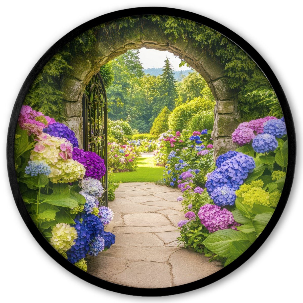 FrameYourWall Poster in lijst Rond - Fotolijst 40x40 cm - Posters - Doorkijk - Poort - Hortensia - Bloementuin - Ronde posterlijst zwart - Decoratie - Wanddecoratie woonkamer - Muurdecoratie slaapkamer Poort - Tuin