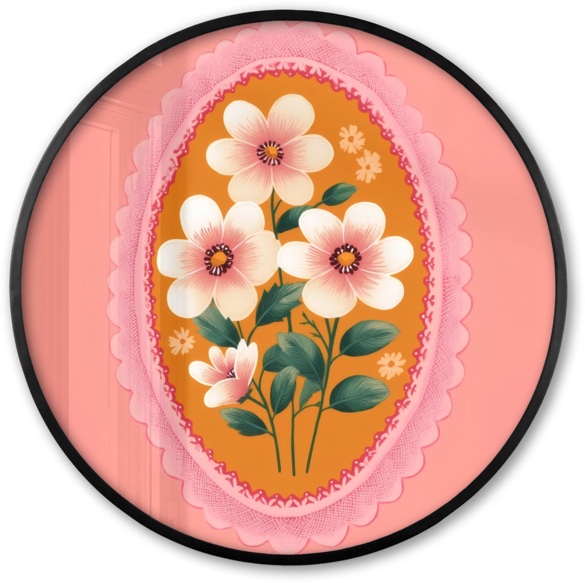 FrameYourWall Poster in lijst Rond - Fotolijst 60x60 cm - Posters - Illustratie - Bloemen - Rand - Roze - Ronde posterlijst zwart - Decoratie - Wanddecoratie woonkamer - Muurdecoratie slaapkamer