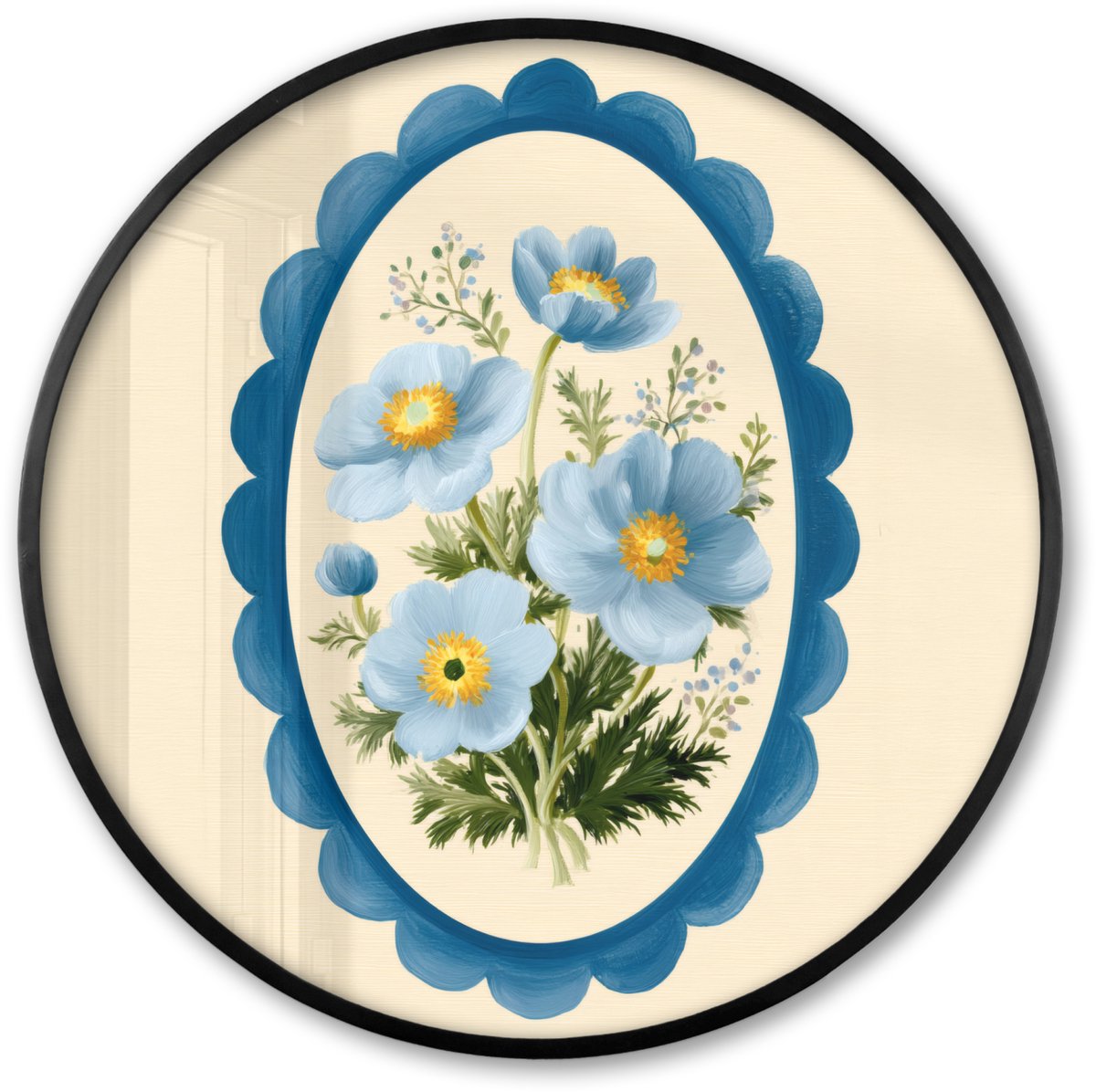 FrameYourWall Poster in lijst Rond - Fotolijst 60x60 cm - Posters - Lijst - Bloemen - Lichtblauw - Illustratie - Ronde posterlijst zwart - Decoratie - Wanddecoratie woonkamer - Muurdecoratie slaapkamer Boemen - Illustratie