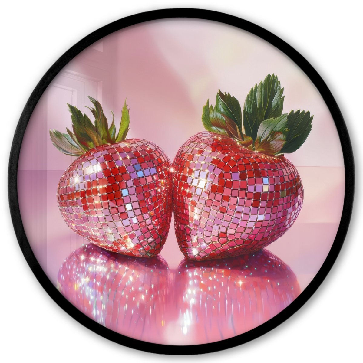 FrameYourWall Poster in lijst Rond - Fotolijst 40x40 cm - Posters - Disco - Fruit - Glitter - Strawberry - Ronde posterlijst zwart - Decoratie - Wanddecoratie woonkamer - Muurdecoratie slaapkamer Disco - Aardbeien