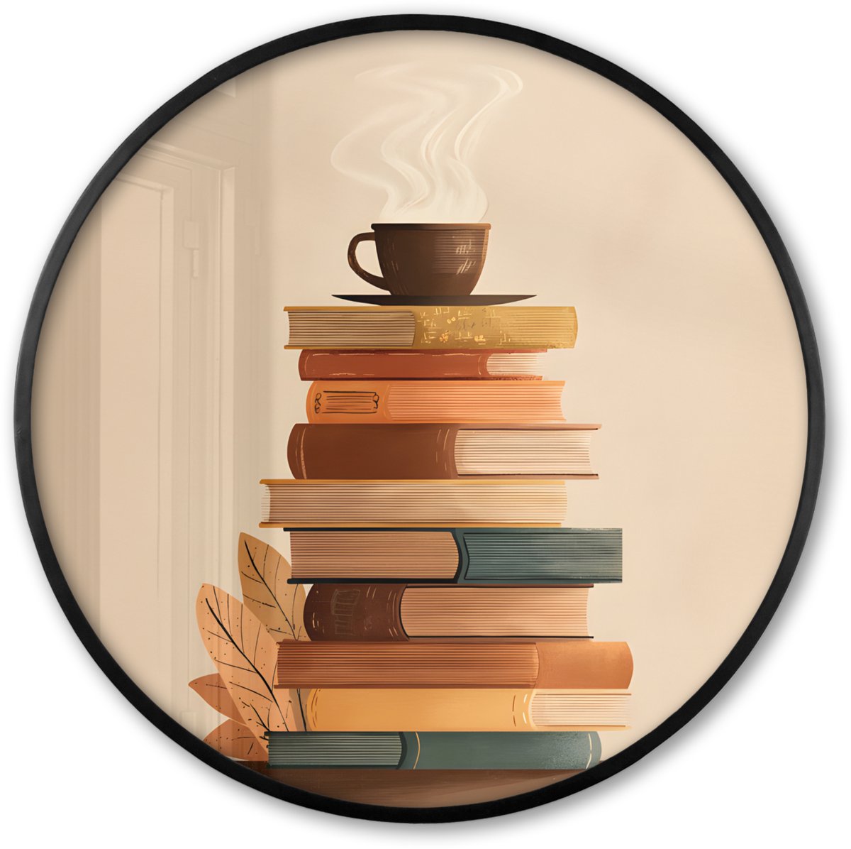 FrameYourWall Poster in lijst Rond - Fotolijst 80x80 cm - Posters - Boeken - Toren - Koffie - Beige - Ronde posterlijst zwart - Decoratie - Wanddecoratie woonkamer - Muurdecoratie slaapkamer Stapel - Boeken - Koffie