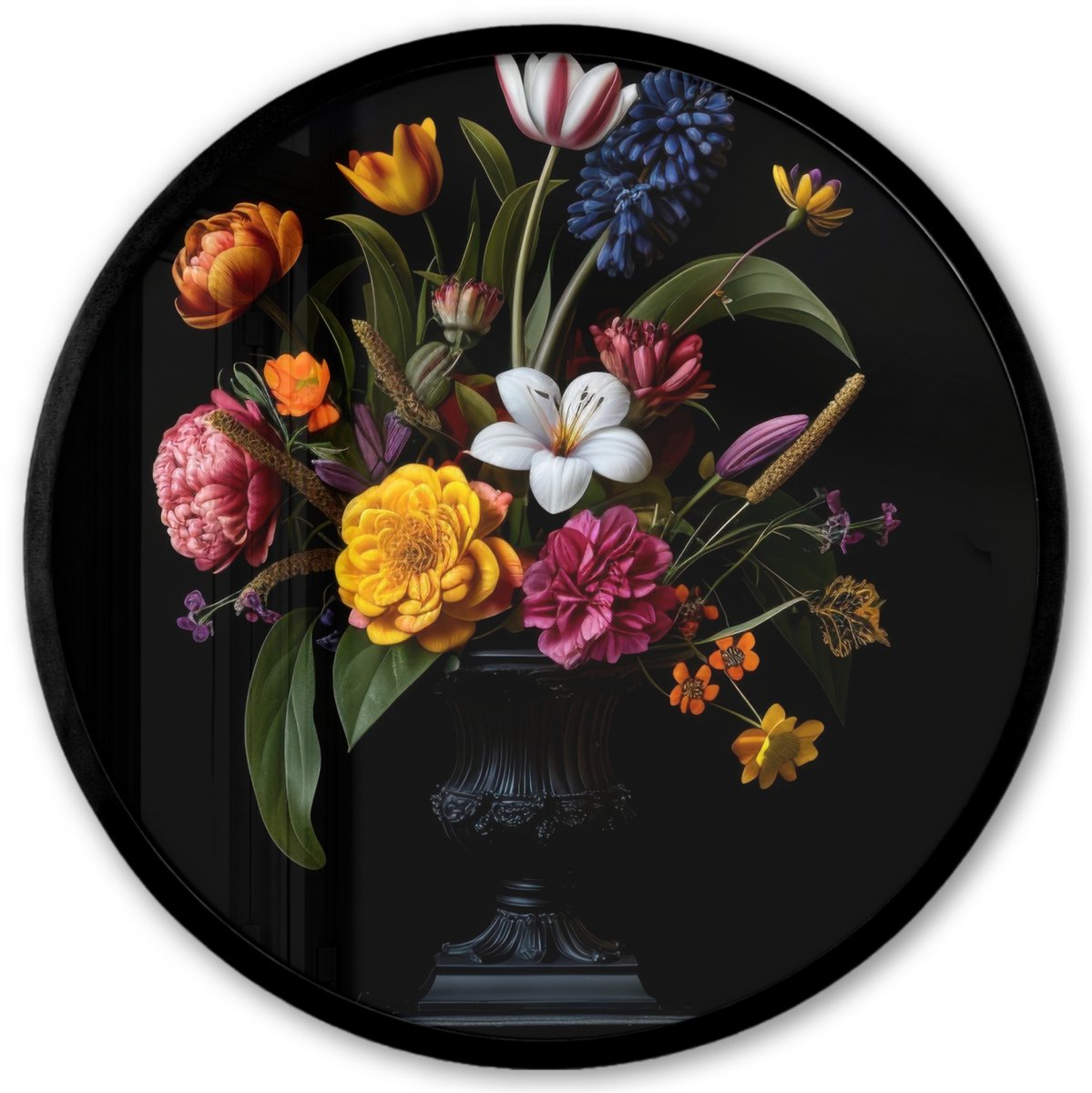 FrameYourWall Poster in lijst Rond - Fotolijst 40x40 cm - Posters - Lente - Bloemen - Klassiek - Vaas - Ronde posterlijst zwart - Decoratie - Wanddecoratie woonkamer - Muurdecoratie slaapkamer Boeket - Bloemen 3