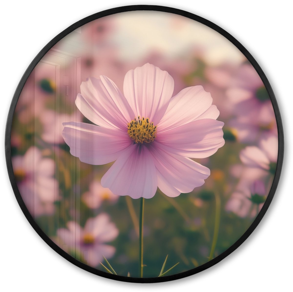 FrameYourWall Poster in lijst Rond - Fotolijst 60x60 cm - Posters - Bloemen - Paars - Wazig - Ronde posterlijst zwart - Decoratie - Wanddecoratie woonkamer - Muurdecoratie slaapkamer