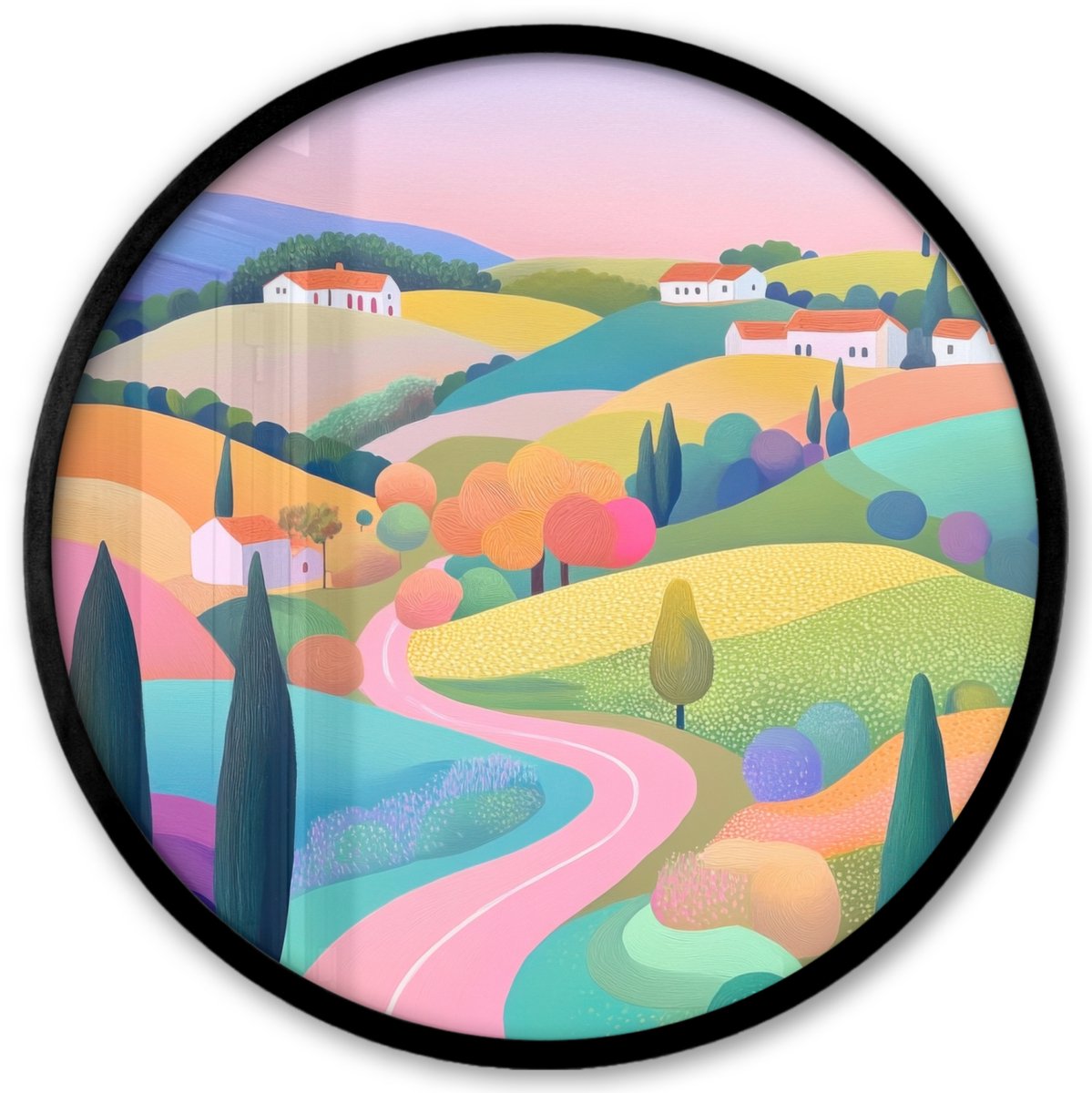 FrameYourWall Poster in lijst Rond - Fotolijst 40x40 cm - Posters - Landschap - Paars - Pastel - Huizen - Ronde posterlijst zwart - Decoratie - Wanddecoratie woonkamer - Muurdecoratie slaapkamer landschap - Pastel