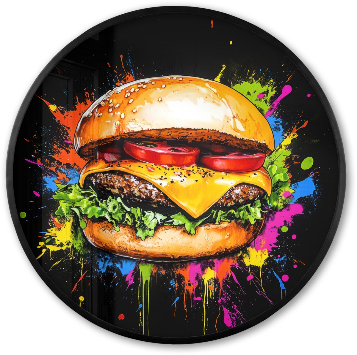 FrameYourWall Poster in lijst Rond - Fotolijst 80x80 cm - Posters - Hamburger - Graffiti - Verf - Kleurrijk - Eten - Abstract - Ronde posterlijst zwart - Decoratie - Wanddecoratie woonkamer - Muurdecoratie slaapkamer Graffiti - Hamburger
