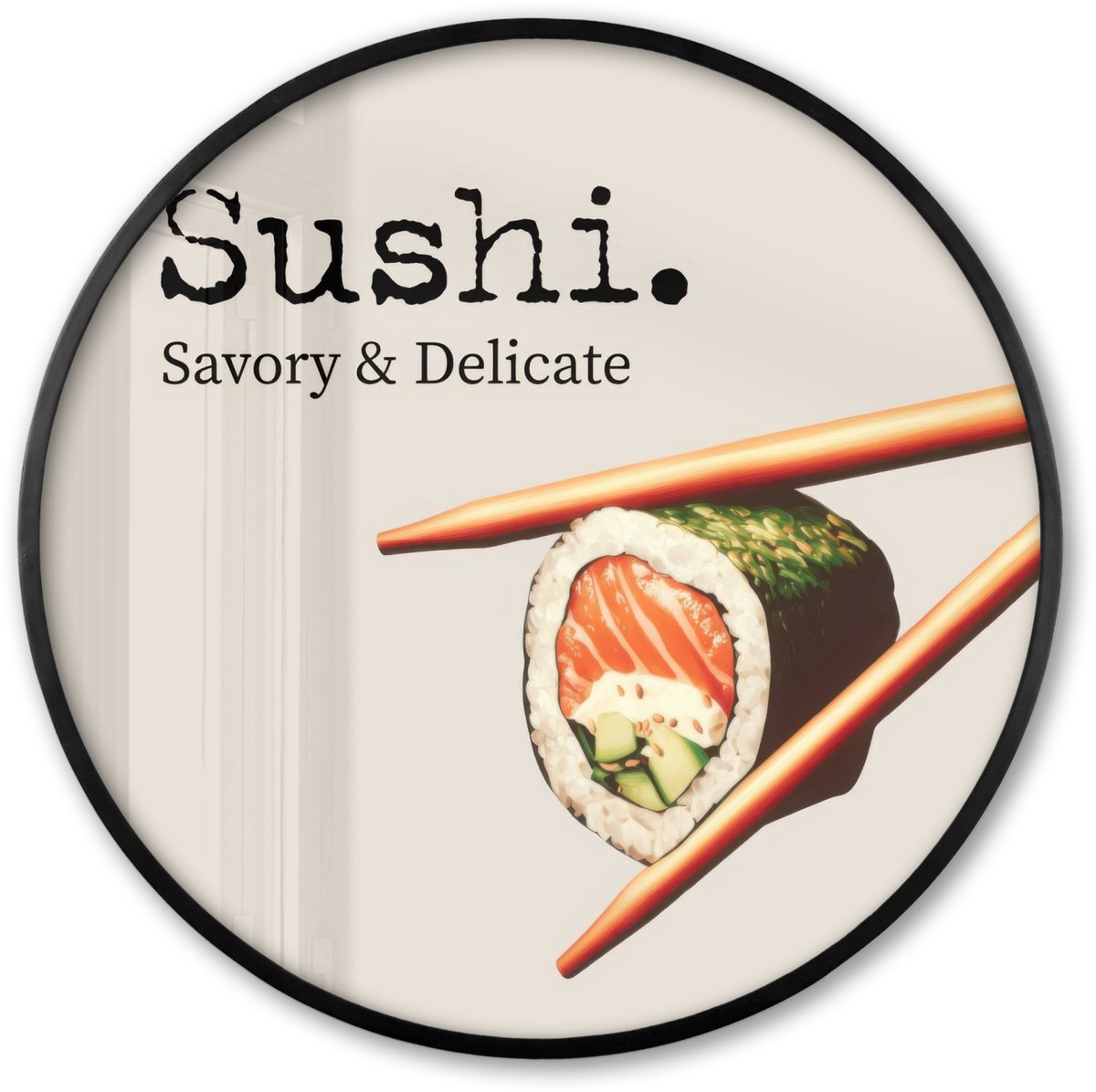 FrameYourWall Poster in lijst Rond - Fotolijst 60x60 cm - Posters - Sushi - Zalm - Rijst - Japans - Ronde posterlijst zwart - Decoratie - Wanddecoratie woonkamer - Muurdecoratie slaapkamer Sushi - Tekst