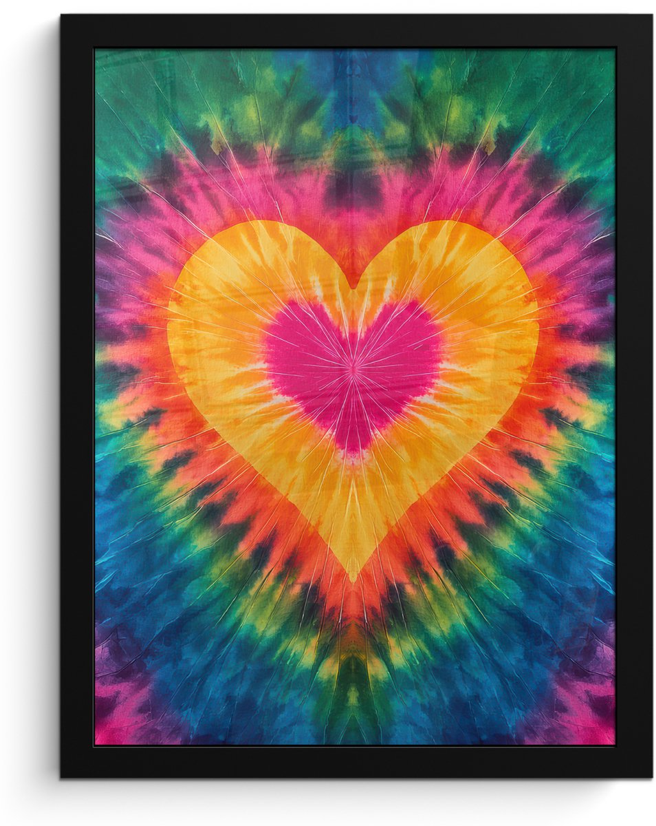 FrameYourWall Poster in lijst - Fotolijst 30x40 cm - Posters - Hart - Tie Dye - Kleurrijk - Posterlijst zwart - Decoratie - Wanddecoratie woonkamer - Muurdecoratie slaapkamer Multicolor