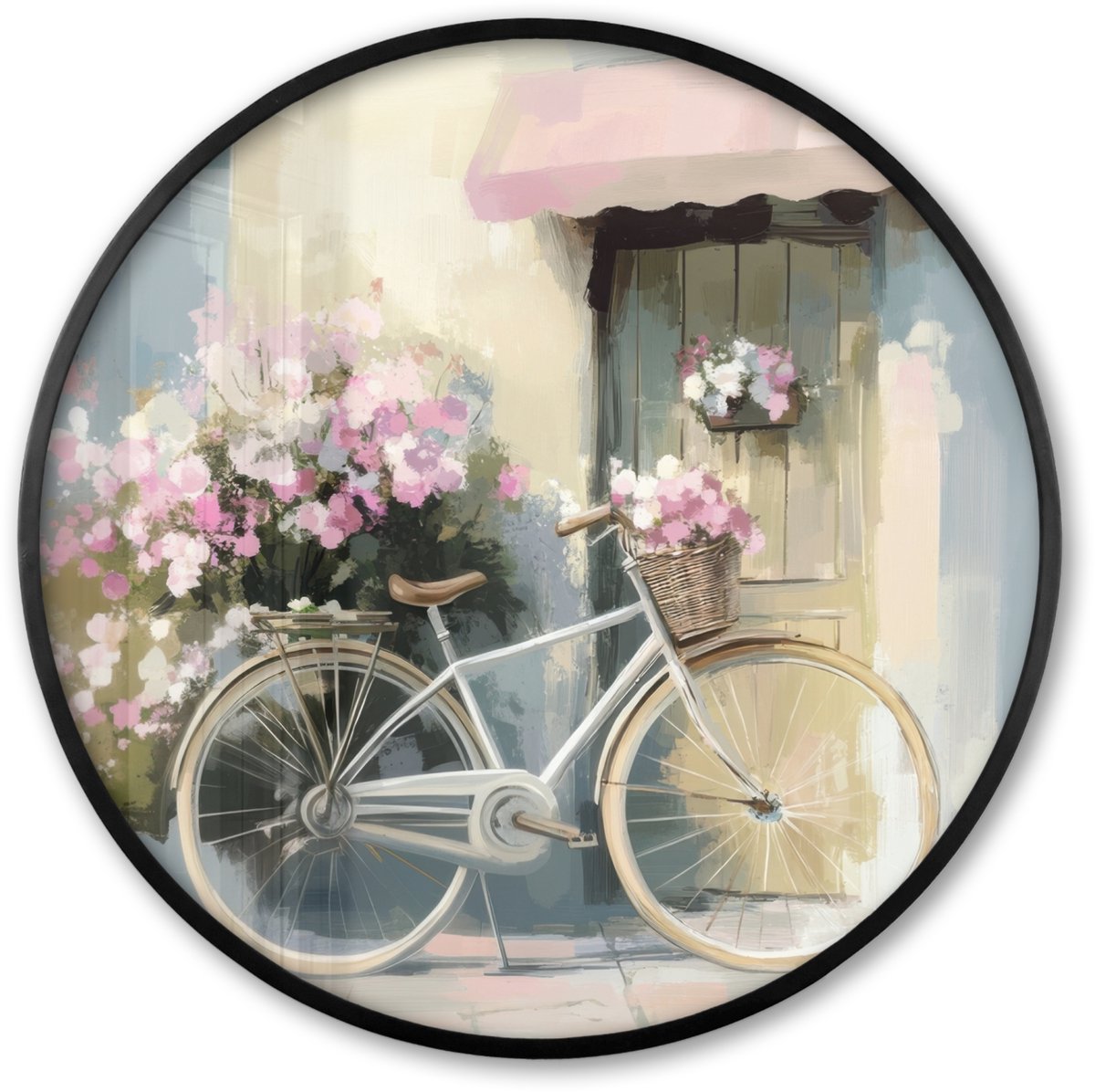 FrameYourWall Poster in lijst Rond - Fotolijst 60x60 cm - Posters - Fiets - Pastelkleuren - Bloemen - Ronde posterlijst zwart - Decoratie - Wanddecoratie woonkamer - Muurdecoratie slaapkamer Landschap - Fiets
