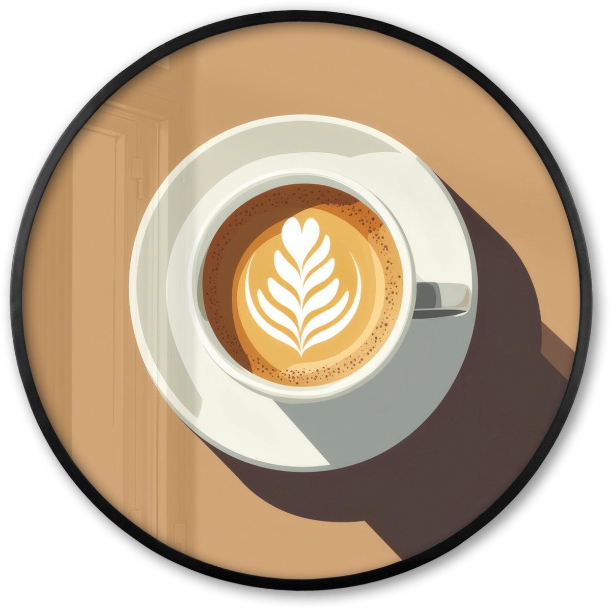 FrameYourWall Poster in lijst Rond - Fotolijst 60x60 cm - Posters - Cappuccino - Kop - Schotel - Minimalitisch - Ronde posterlijst zwart - Decoratie - Wanddecoratie woonkamer - Muurdecoratie slaapkamer Cappuccino - Kopje