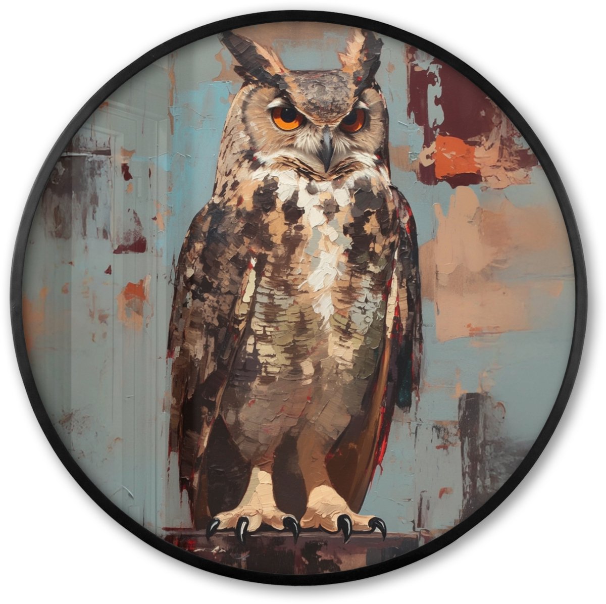 FrameYourWall Poster in lijst Rond - Fotolijst 80x80 cm - Posters - Geschilderd - Abstract - Uil - Bruin - Ronde posterlijst zwart - Decoratie - Wanddecoratie woonkamer - Muurdecoratie slaapkamer