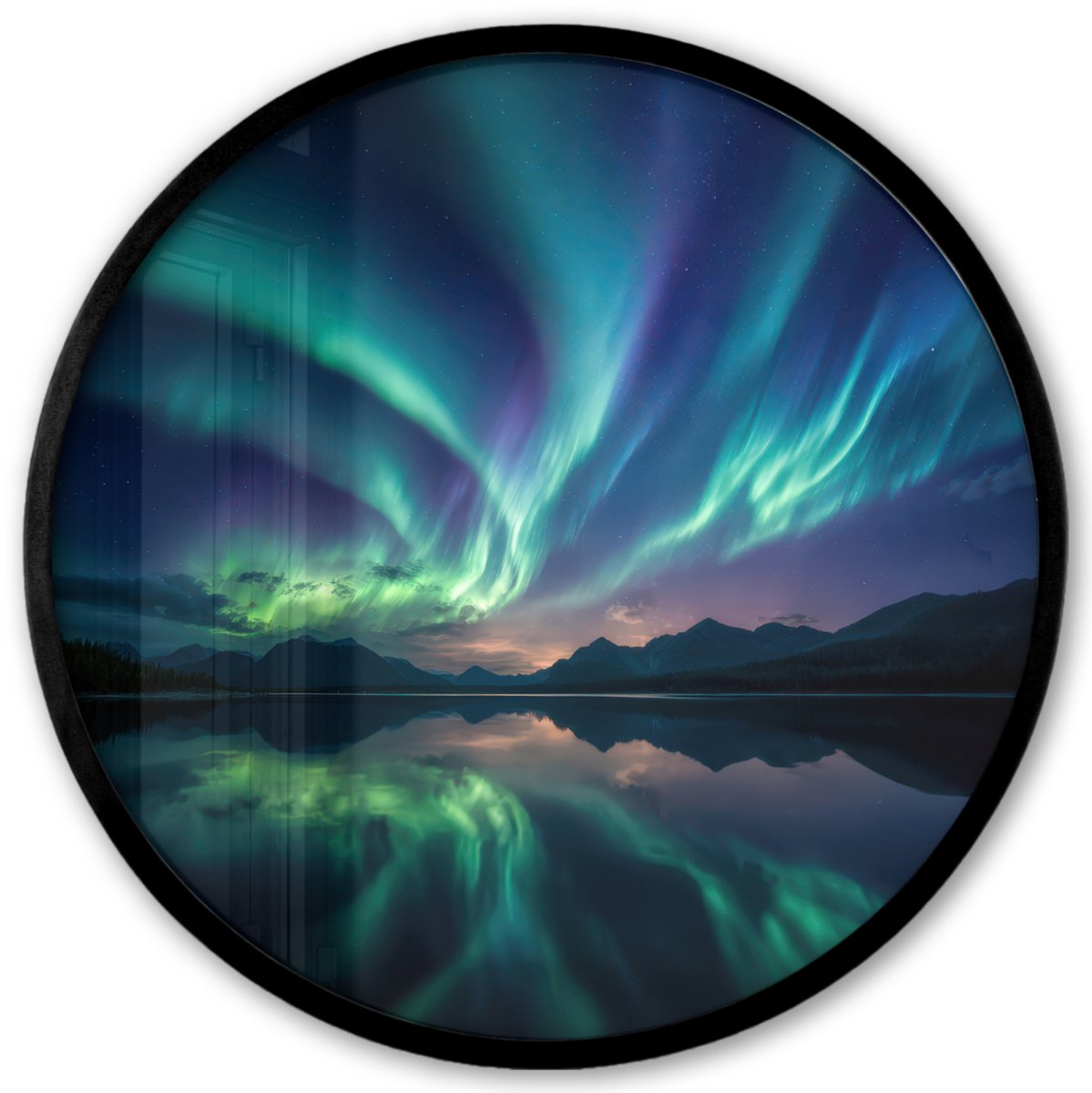 FrameYourWall Poster in lijst Rond - Fotolijst 40x40 cm - Posters - Noorderlicht - Kleurrijk - Bergmeer - Ronde posterlijst zwart - Decoratie - Wanddecoratie woonkamer - Muurdecoratie slaapkamer Noorderlicht - Meer - Bergen