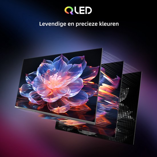 Gelaagde beelden van een QLED tv-scherm dat een gloeiende bloem toont. "Levendige en precieze kleuren."