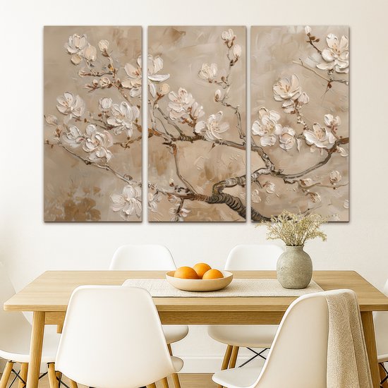 Canvas schilderij set 120x80 cm - Wanddecoratie drieluik - Beige - Bloesem - Modern - Muurdecoratie woonkamer - Slaapkamer decoratie - Kamer accessoires - Schilderijen op canvas
