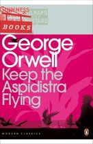 Boekomslag van Keep the Aspidistra Flying door George Orwell in roze en wit met vogel- en stadsillustraties.