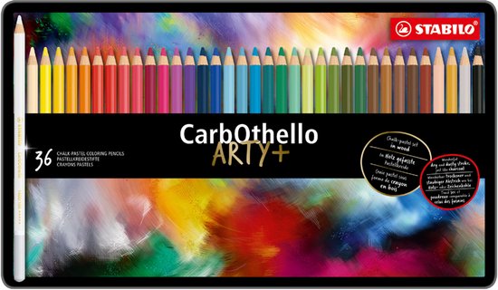 Verpakking met 36 STABILO CarbOthello krijt-pastel potloden in regenboogkleuren, met witte potlood.
