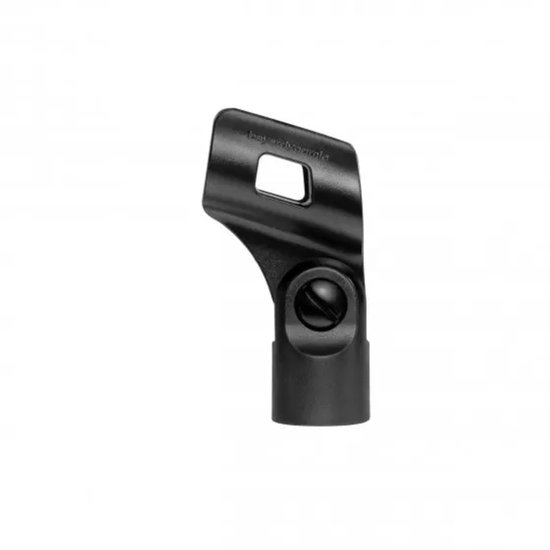 Zwarte microfoonclip met een scharnierend mechanisme en een schroef voor aanpassing. Beyerdynamic logo zichtbaar.