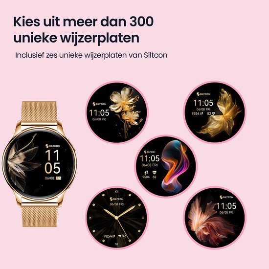 Siltcon® Auréa Smartwatch Dames - Horloge Dames - Stappenteller Horloge Dames - Hartslagmeter - Slaapmonitor - Saturatiemeter - Geschikt voor iOS/Android - AMOLED - RVS - Elke pols - Incl. 5 Bandjes