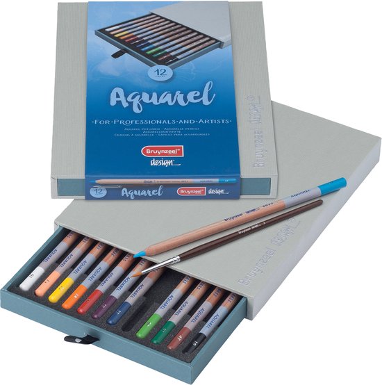 Open doos met 12 aquarelpotloden van Bruynzeel. Kleuren liggen in een grijze bak.