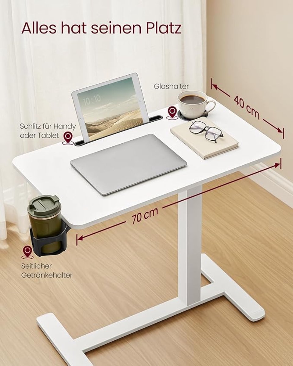FurnStar Bijzettafel met wieltjes – Mobiele statafel – Verstelbare hoogte – 70 x 40 cm – Met bekerhouders en telefoonhouder – Wolkenwit