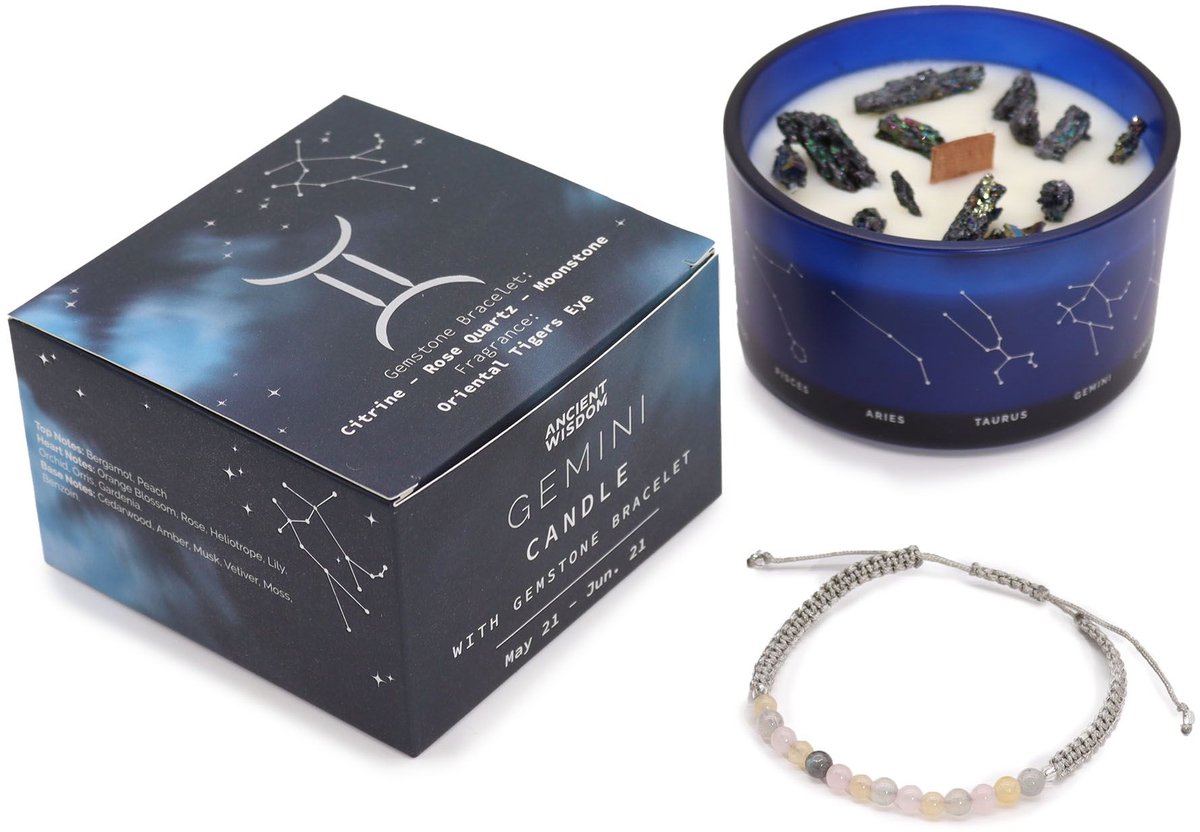 Ancient Wisdom Zodiac kristallen kaars met edelsteen armband - tweelingen - sterrenbeeld kaars - gemini