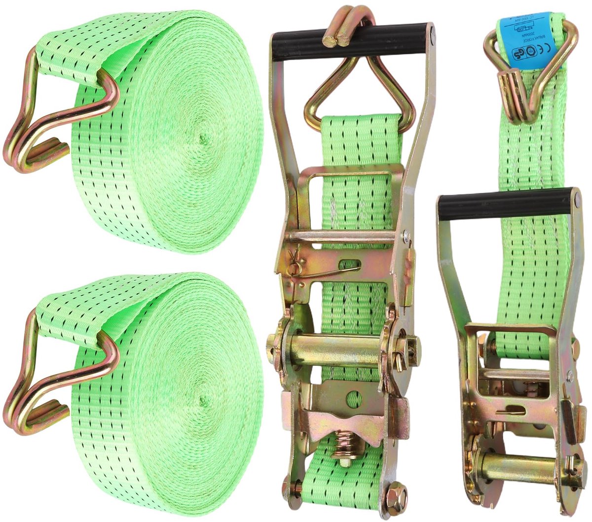 2 Sets Ratel Spanbanden - Zware uitvoering met handvat en metalen J-haken, 11000 lb breekkracht - Voor vrachtwagens, auto's, motoren - Groen, 5 cm x 10 m