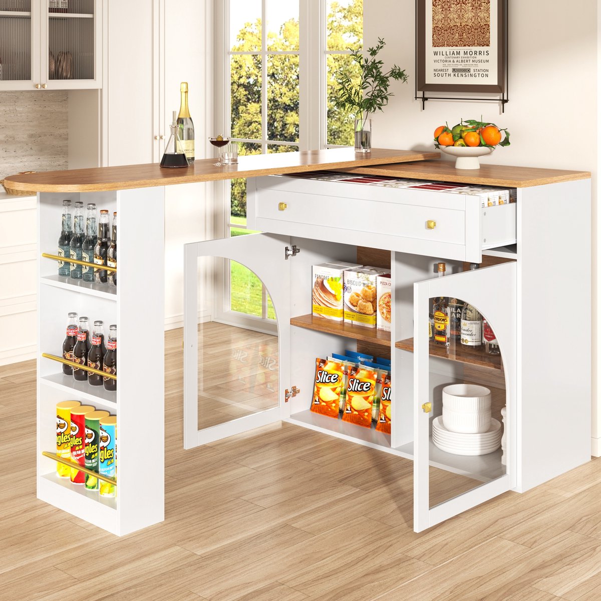 PHOEBE CAT Uitschuifbare bartafel - 360° draaibare eettafel - Keukeneiland - Met planken - Glazen deuren - Dressoir - Wit