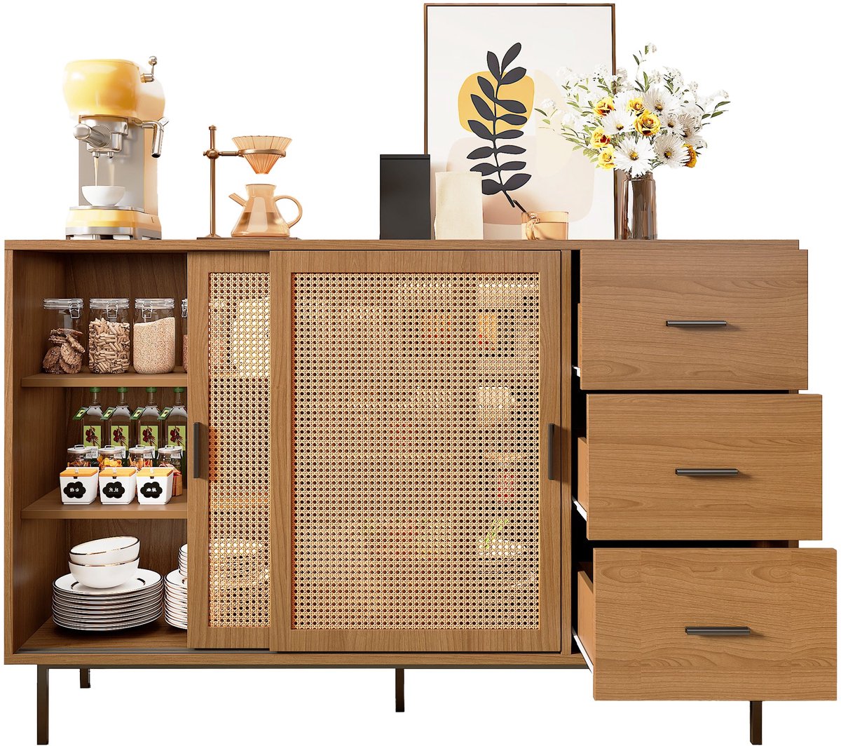 Merax Sideboard - Landelijk Dressoir met 2 Schuifdeuren en 3 Lades - Verstelbare Legplanken - Buffetkast voor Woonkamer en Eetkamer - 140x37x91 cm - Naturel