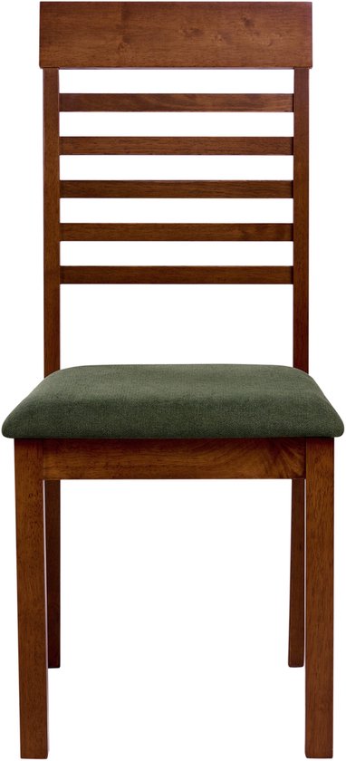 Donkerbruine eetkamerstoel met groen stoffen zitting en horizontale lattenrugleuning.