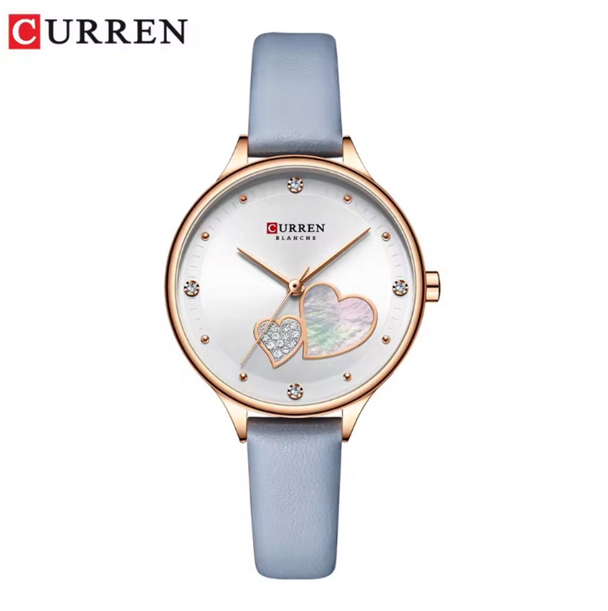 CURREN Horloge 9077 - Rosékleurig-Grijs-Wit - Dames - Quartz - Diamant Wijzerplaat - Lederen Band - Elegant en Waterbestendig