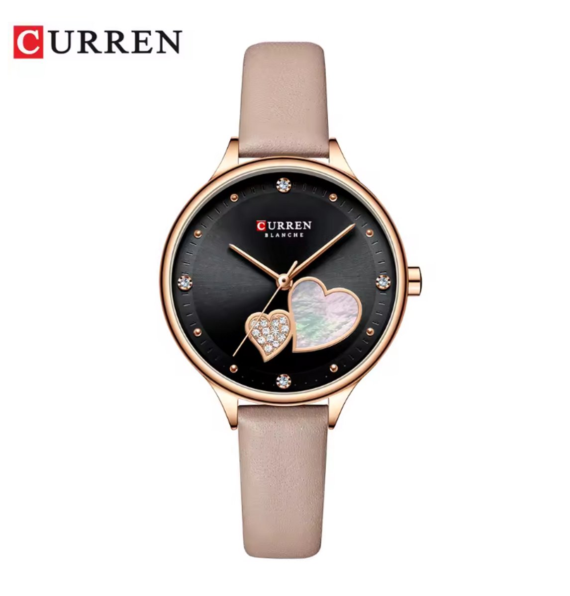 CURREN Horloge Blanche H1202 - Rosékleurig-Beige-Zwart - Dames - Quartz - Hartvormige Details - Lederen Band - Elegant en Romantisch