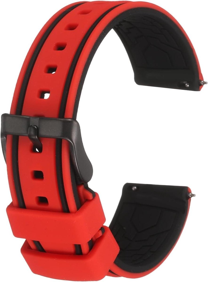 Allecto plus - Breed siliconen horlogebandje met snelsluiting, zacht rubber, matzwarte gesp, rood en zwart - Unisex horlogeband (20mm) met Riem