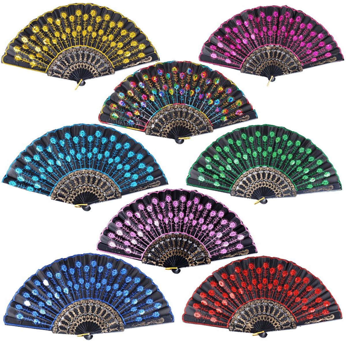Set van 8 Handventilatoren, Vouwventilatoren, Japanse Sequin Ventilatoren voor Wanddecoratie, Cadeau, Bruiloft, Kostuum, Carnaval (23,5 cm x 43 cm)