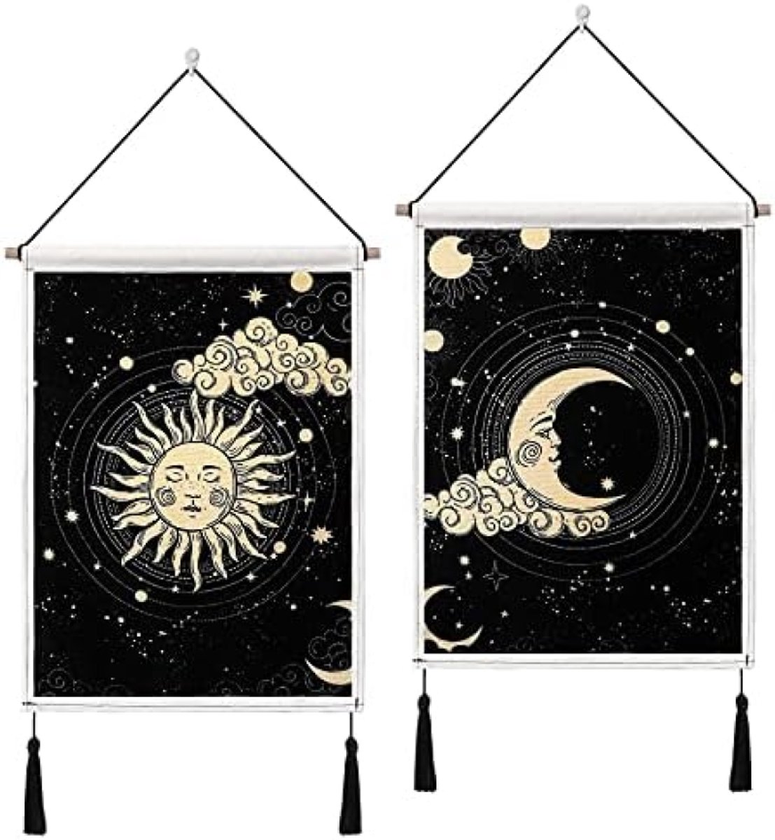 PromoHome Set van 2 Muurdecoraties Zon en Maan Wandtapijt met Kwastjes - Zwarte Tarot Banner Boheemse Sterren en Wolken Kunst voor Slaapkamer en Woonkamer