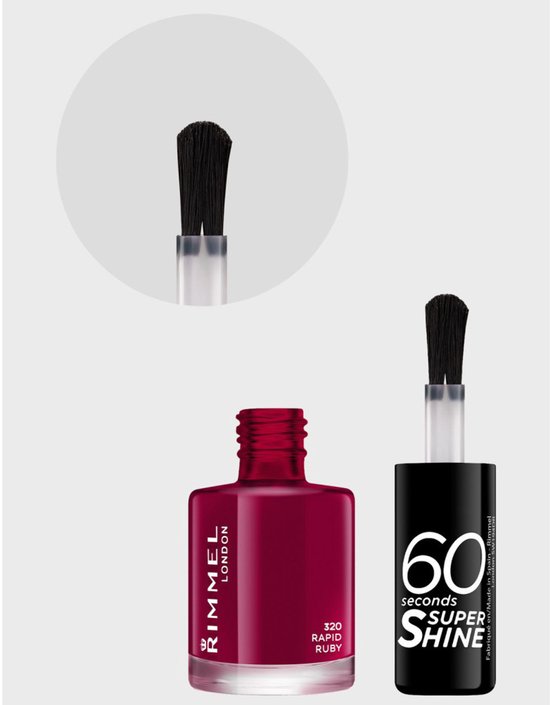 Rimmel 60 Seconds Super Shine nagellak, kleur 320 Rapid Ruby, met kwastje.