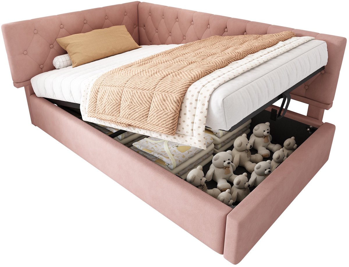 Merax Eenpersoonsbed 90×190 cm – Slaapbank met Hydraulische Opbergruimte – Kinderbed Jeugdbed met Houten Lattenbodem – Fluweel Roze