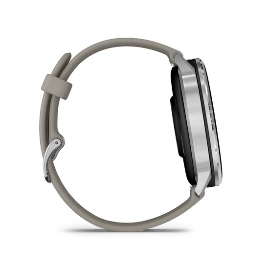 Zijkant van een zilverkleurig Garmin Venu 4 smartwatch met grijs bandje op zwarte achtergrond.